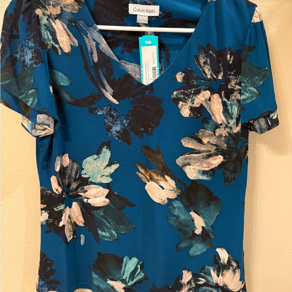 Calvin Klein Teal and Black Floral Blouse